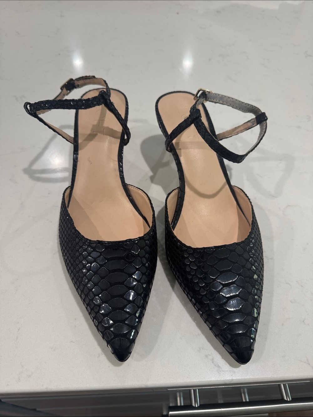 LOFT Black Snakeskin Pointed Toe Ankle Strap Heels